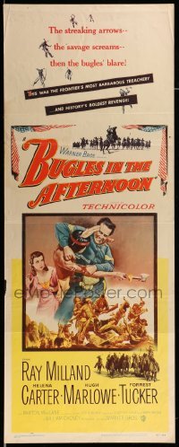 4c387 BUGLES IN THE AFTERNOON insert '52 Ray Milland, Helena Carter, cool art of western battle!