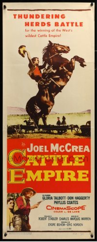 4c405 CATTLE EMPIRE insert '58 cool full-length image of cowboy Joel McCrea on rearing horse!