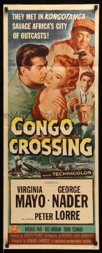 4c417 CONGO CROSSING insert '56 Peter Lorre pointing gun at Virginia Mayo & George Nader!