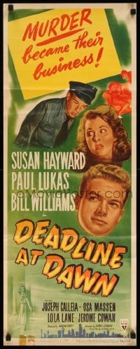 4c427 DEADLINE AT DAWN insert '46 Susan Hayward, by Clifford Odets from Cornel Woolrich's novel!