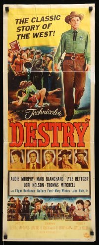4c433 DESTRY insert '54 Audie Murphy, western, wild artwork of showgirl starting a fight!
