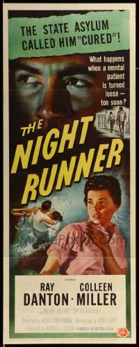 4c658 NIGHT RUNNER insert '57 art of crazed Ray Danton, are mental patients turned loose too soon!