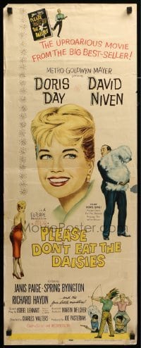 4c723 PLEASE DON'T EAT THE DAISIES insert '60 art of pretty smiling Doris Day, David Niven w/dog!