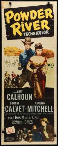 4c726 POWDER RIVER insert '53 art of cowboy Rory Calhoun & super sexy Corinne Calvet holding gun!