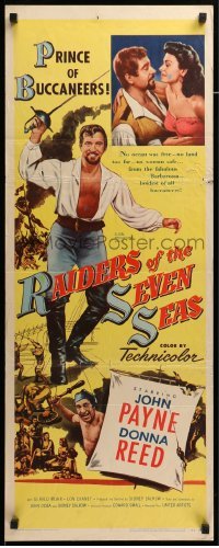 4c736 RAIDERS OF THE SEVEN SEAS insert '53 suave pirate John Payne romances sexy Donna Reed!