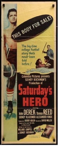 4c777 SATURDAY'S HERO insert '51 barechested football player John Derek and his body is for sale!