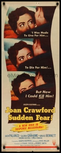 4c838 SUDDEN FEAR insert '52 great close up of terrified Joan Crawford, Jack Palance!