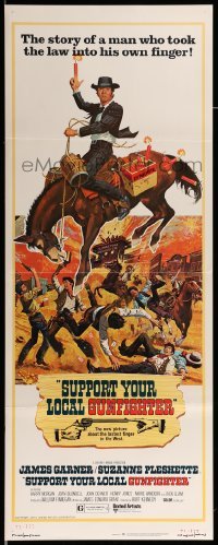 4c839 SUPPORT YOUR LOCAL GUNFIGHTER insert '71 wacky art of cowboy James Garner on donkey!
