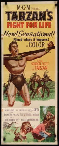 4c851 TARZAN'S FIGHT FOR LIFE insert '58 art of Gordon Scott bound with arms outstretched!