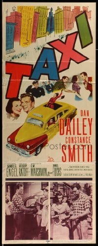 4c857 TAXI insert '53 artwork of Dan Dailey & Constance Smith in yellow cab in New York City!