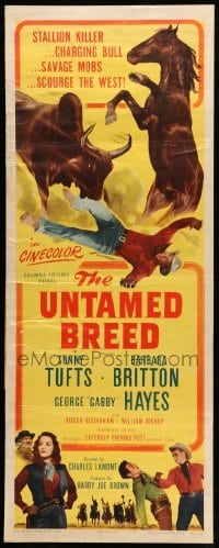 4c910 UNTAMED BREED insert '48 Sonny Tufts fighting with men & bull, pretty Barbara Britton!