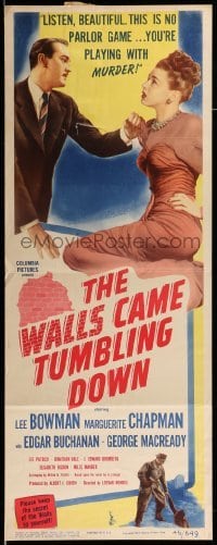 4c927 WALLS CAME TUMBLING DOWN insert '46 Lee Bowman, Marguerite Chapman, cool crime artwork!