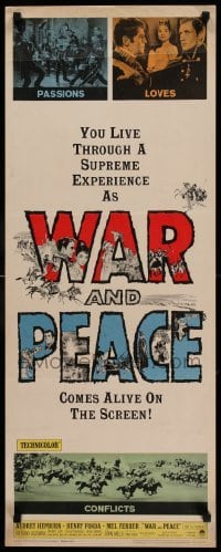 4c929 WAR & PEACE insert R63 art of Audrey Hepburn, Henry Fonda & Mel Ferrer, Leo Tolstoy epic!