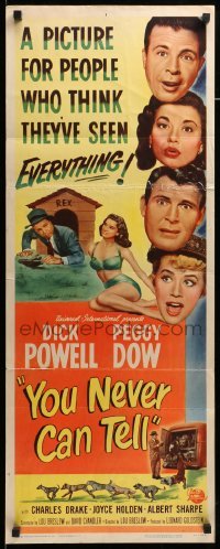 4c979 YOU NEVER CAN TELL insert '51 Dick Powell is a reincarnated dog who inherited a fortune!