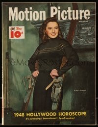 4d784 MOTION PICTURE magazine January 1948 great winter portrait of Barbara Stanwyck with skis!