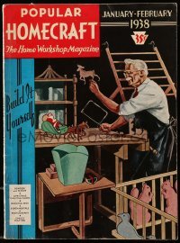 4d851 POPULAR HOMECRAFT magazine January/February 1938 cool art of man building wooden Xmas toys!