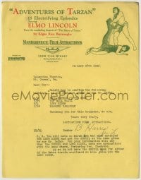 4d245 ADVENTURES OF TARZAN 9x11 booking letter January 28, 1922 cool letterhead of Elmo Lincoln!