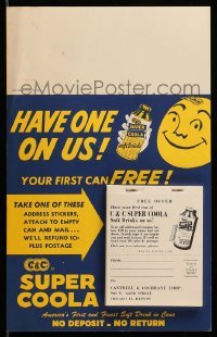 4d074 C & C SUPER COOLA 9x14 soda advertising display '50s get your first can free on the company!