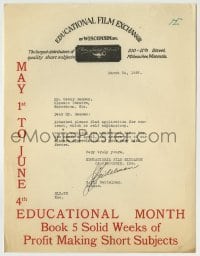 4d248 EDUCATIONAL PICTURES 9x11 studio booking letter '27 from the company to a theater owner!