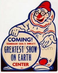 4d076 GREATEST SHOW ON EARTH die-cut 11x14 door hanger '52 Cecil B. DeMille, cool clown art!