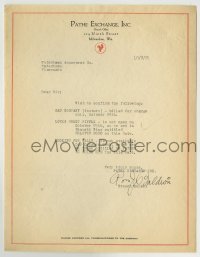 4d255 PATHE EXCHANGE 9x11 studio booking letter '25 from the company to a theater owner!