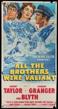 4f582 ALL THE BROTHERS WERE VALIANT 3sh '53 Robert Taylor, Stewart Granger, cool whaling artwork!