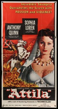 4f594 ATTILA style B 3sh '58 different art of Anthony Quinn as The Hun & sexy Sophia Loren, rare!