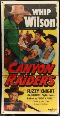 4f633 CANYON RAIDERS 3sh '51 c/u of Whip Wilson beating up bad guy, Phyllis Coates, Fuzzy Knight!