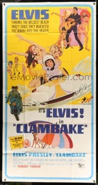 4f650 CLAMBAKE 3sh '67 McGinnis art of Elvis Presley in speed boat with sexy babes, rock & roll!