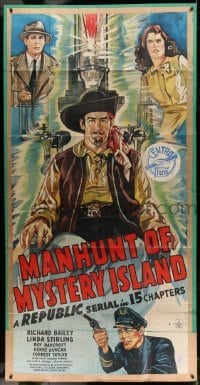 4f805 MANHUNT OF MYSTERY ISLAND 3sh '45 time machine, pirates & kidnapped Linda Stirling, cool!