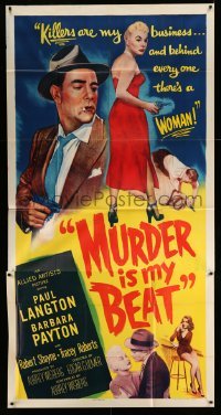 4f827 MURDER IS MY BEAT 3sh '55 Edgar Ulmer film noir, Barbara Payton is behind the killings!
