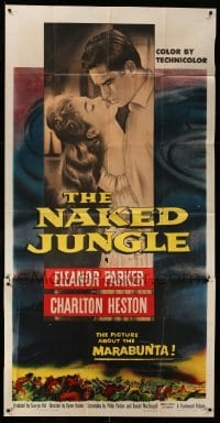 4f833 NAKED JUNGLE 3sh '54 romantic c/u of Charlton Heston & Eleanor Parker, George Pal, rare!