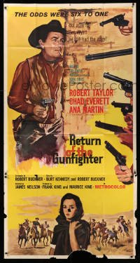 4f866 RETURN OF THE GUNFIGHTER 3sh '67 cowboy Robert Taylor has six guns pointed at him!