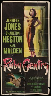 4f877 RUBY GENTRY 3sh '53 art of bad girl Jennifer Jones full-length & kissing Charlton Heston!