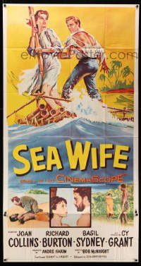 4f882 SEA WIFE 3sh '57 great castaway art of sexy Joan Collins & Richard Burton on raft at sea!