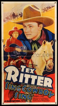 4f893 SING COWBOY SING 3sh '37 huge artwork of Tex Ritter with guitar & his horse White Flash!
