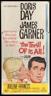 4f935 THRILL OF IT ALL 3sh '63 wonderful artwork of pretty Doris Day kissing James Garner!
