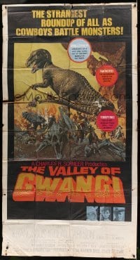 4f957 VALLEY OF GWANGI int'l 3sh '69 Ray Harryhausen, great McCarthy art of cowboys vs dinosaurs!