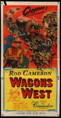 4f962 WAGONS WEST 3sh '52 pioneers Rod Cameron & Peggie Castle, Cheyenne on the warpath!