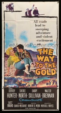 4f968 WAY TO THE GOLD 3sh '57 great image of Jeffrey Hunter carrying wounded Sheree North!