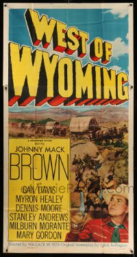 4f972 WEST OF WYOMING 3sh '50 great image of Johnny Mack Brown with gun drawn by wagon train!