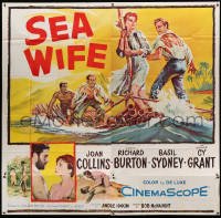 4f319 SEA WIFE 6sh '57 great castaway art of sexy Joan Collins & Richard Burton on raft at sea!