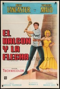4f425 FLAME & THE ARROW Argentinean '50 art of Burt Lancaster protecting sexy Virginia Mayo!