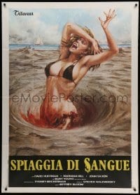 4f088 BLOOD BEACH Italian 1p '80 different gruesome art of sexy girl in bikini eaten by quicksand!