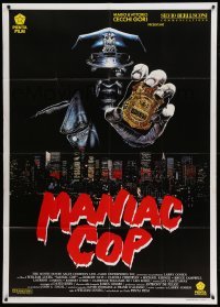 4f192 MANIAC COP Italian 1p '91 different Casaro art of him looming over New York City with badge!