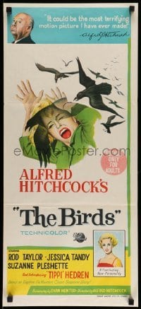 4g377 BIRDS Aust daybill '63 director Alfred Hitchcock shown, Tippi Hedren, intense attack artwork