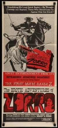 4g405 EROTIC ADVENTURES OF ZORRO Aust daybill '72 sexy rated Z masked hero, best different art!