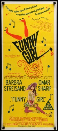 4g420 FUNNY GIRL Aust daybill '69 hand litho of Barbra Streisand, directed by William Wyler!