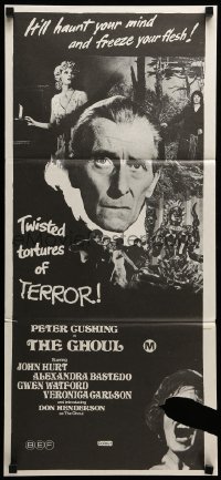 4g421 GHOUL Aust daybill '75 close-up of Peter Cushing, cannibals, wild horror images!