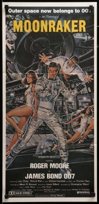4g481 MOONRAKER Aust daybill '79 Roger Moore as James Bond by Goozee, blank border design!